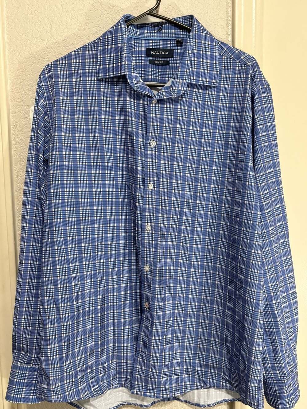 Nautica Men's Long Sleeve Button Down Shirt Blue Plaid Slim Fit 16-16.5 32/33
